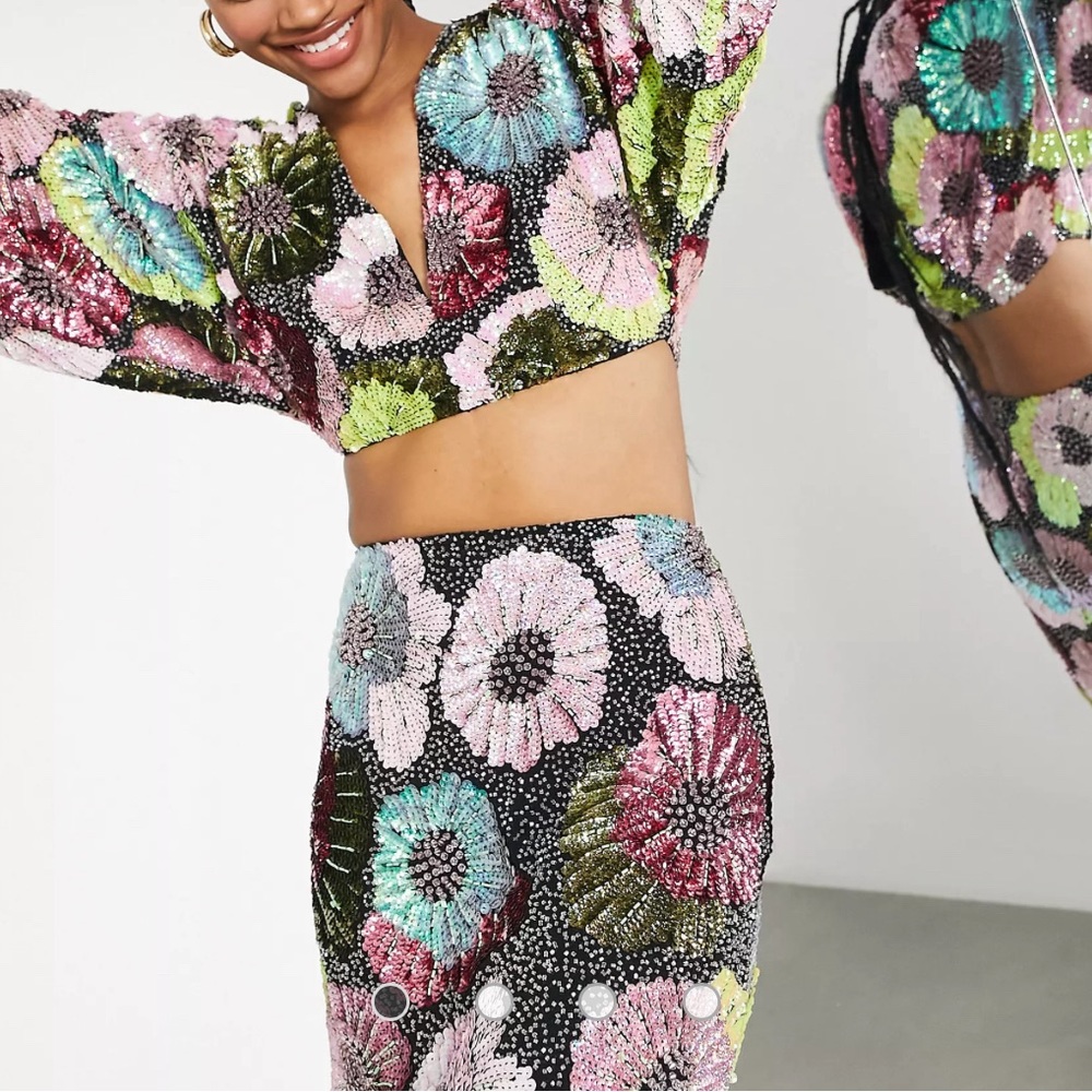 ASOS EDITION top with oversized sleeves in large floral bead and sequin set